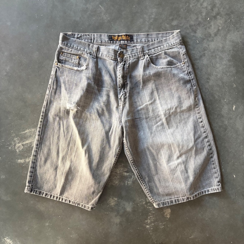 Indigo Thirty Mens Grey Distressed Denim Baggy Skate Shorts Size 40